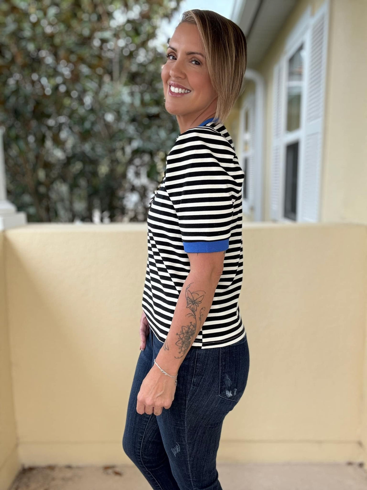 Stripe It Right Ribbed Top - Black/Blue