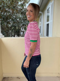 Stripe It Right Ribbed Top - Hot Pink/Green