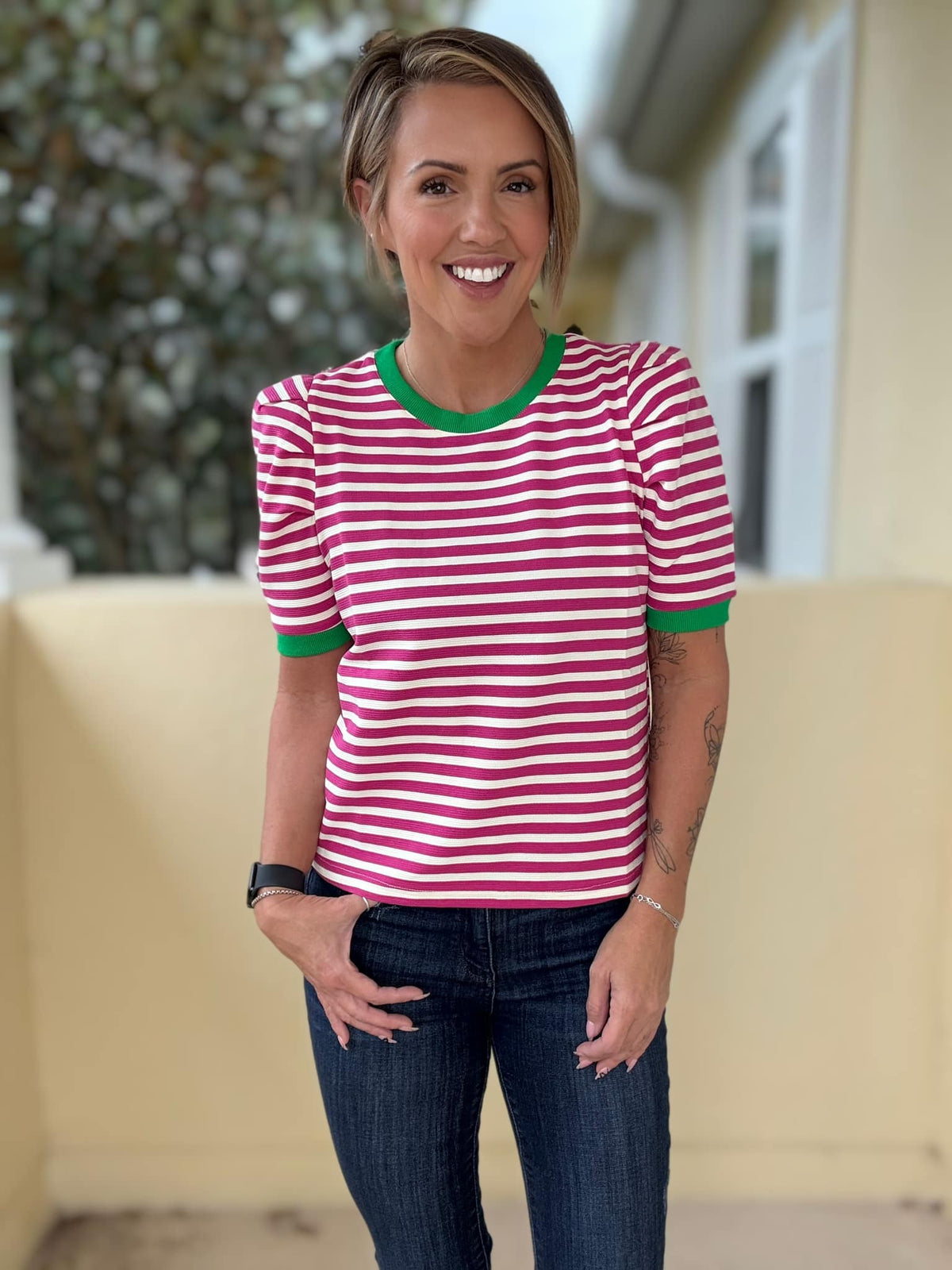 Stripe It Right Ribbed Top - Hot Pink/Green